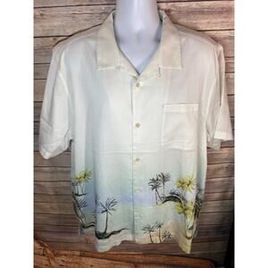 Tommy Bahama Shirt Mens XL White Blue Island Print Hawaiian Button Up